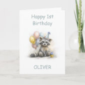 Cute Raccoon 1st Birthday Karte (Vorderseite)
