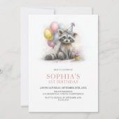 Cute Raccoon 1st Birthday Party Einladung (Vorderseite)