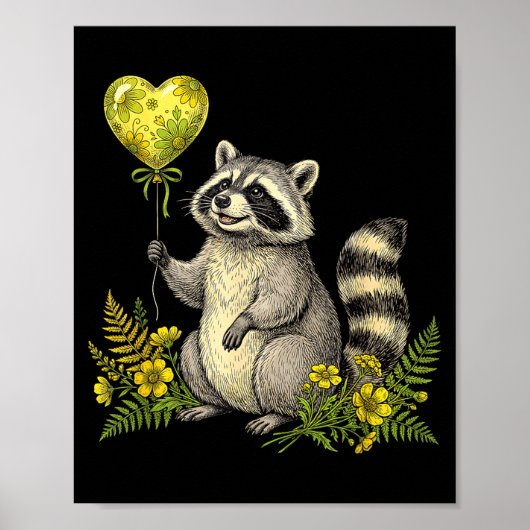 Cute Raccoon Balloon Heart Flowers Sweet Raccoon L Poster (Vorne)