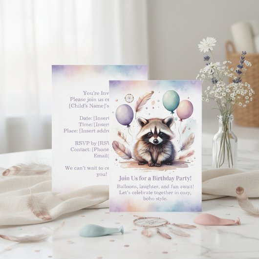 Cute Raccoon Birthday Invitation Woodland Boho  Einladung