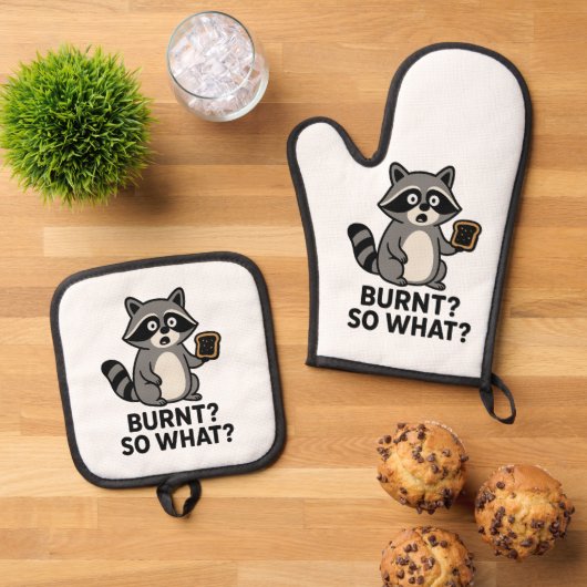 Cute Raccoon Cooking – Funny Animal Illustration Ofenhandschuh & Topflappen-Set (Oben Unten)