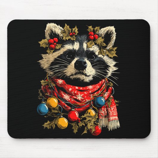 Cute Raccoon F Christmas Lights Festive Forest Ani Mousepad (Vorne)