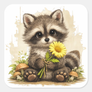 Cute Raccoon Flower Sticker Kawaii
