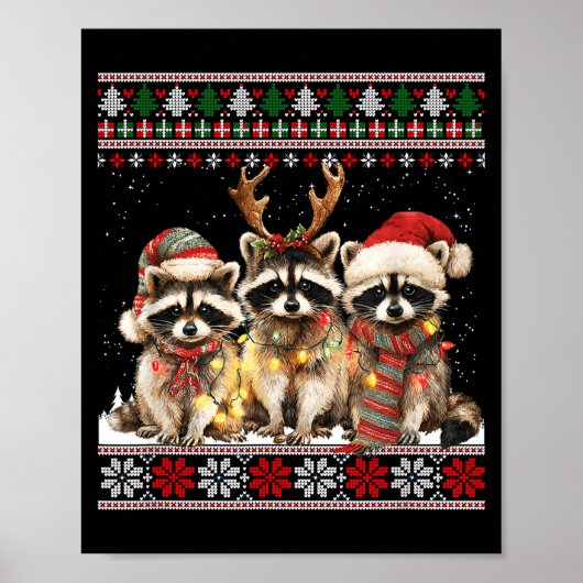 Cute Raccoon Santa Christmas Lights Ugly Xmas Swea Poster (Vorne)