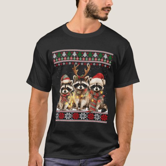 Cute Raccoon Santa Christmas Lights Ugly Xmas Swea T-Shirt (Vorderseite)