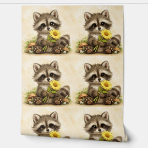 Cute Raccoon Sunflower Pattern Wallpaper Tapete