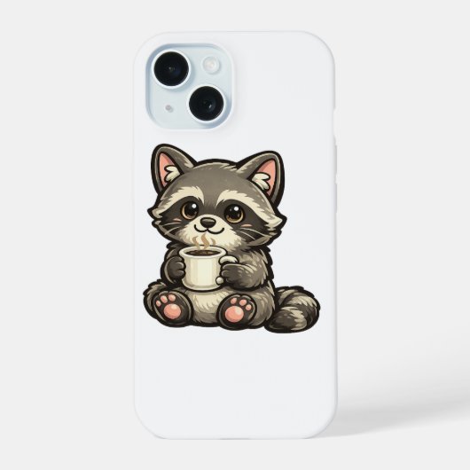 Cute Raccoon with Coffee – Cozy Kawaii Animal iPhone 15 Hülle (Rückseite)