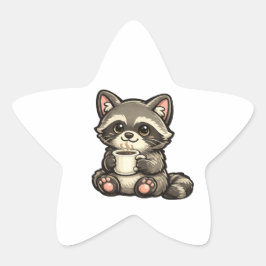 Cute Raccoon with Coffee – Cozy Kawaii Animal Stern-Aufkleber