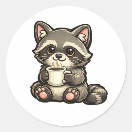 Cute Raccoon with Coffee – Kawaii Cozy Animal Runder Aufkleber