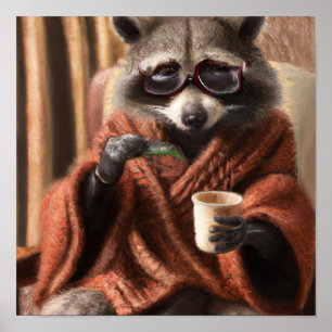 Cute raccoon with glasses in a tricot coat  tapest poster