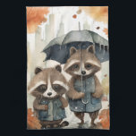 Cute Raccoons in the Rain Geschirrtuch<br><div class="desc">Cute Raccoons in the Rain holding an umbrella</div>