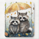Cute Raccoons in the Rain Mousepad<br><div class="desc">Cute Raccoons in the Rain holding an umbrella</div>