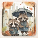 Cute Raccoons in the Rain Rechteckiger Pappuntersetzer<br><div class="desc">Cute Raccoons in the Rain holding an umbrella</div>