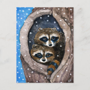Cute raccoons snow Christmas  postcard Feiertagspostkarte