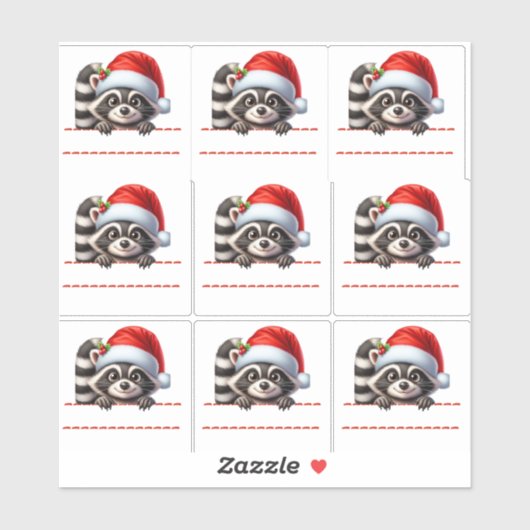 Cute Racoon in Santa Hat Christmas Labels (Blatt)