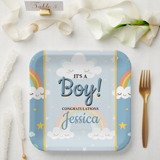 Cute Rainbow and Sleeping Cloud Baby Shower Pappteller (Hochzeit)