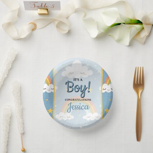 Cute Rainbow and Sleeping Cloud Baby Shower Pappteller (Hochzeit)