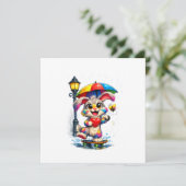 Cute Rainbow Bunny with Umbrella Design Einladung (Stehend Vorderseite)