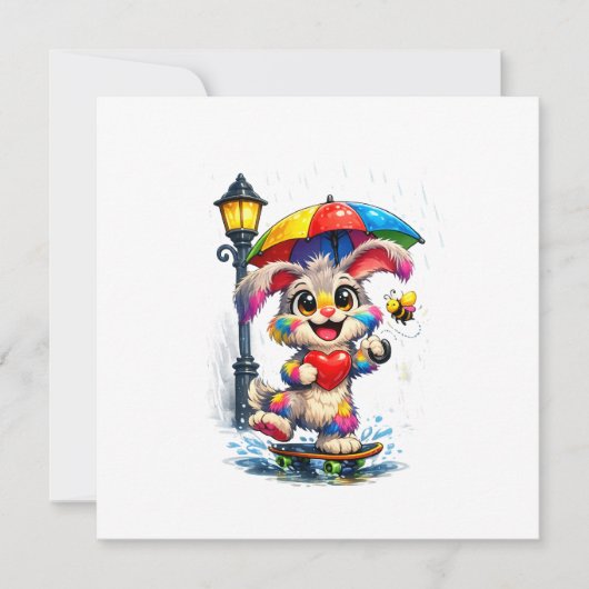 Cute Rainbow Bunny with Umbrella Design Einladung (Vorderseite)
