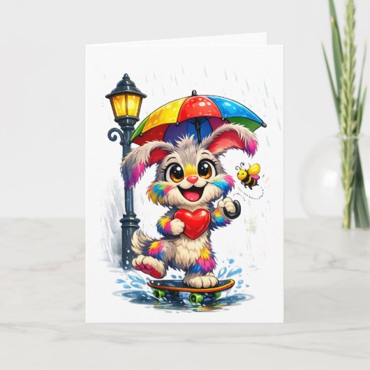 Cute Rainbow Bunny with Umbrella Design Karte (Vorderseite)