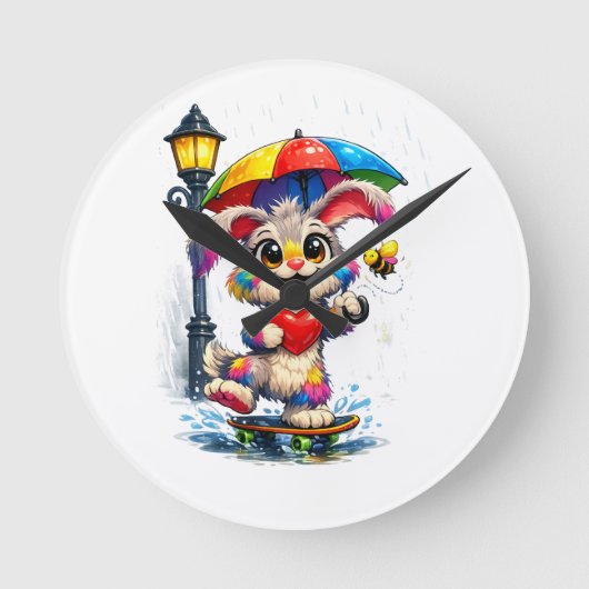 Cute Rainbow Bunny with Umbrella Design Runde Wanduhr (Vorderseite)