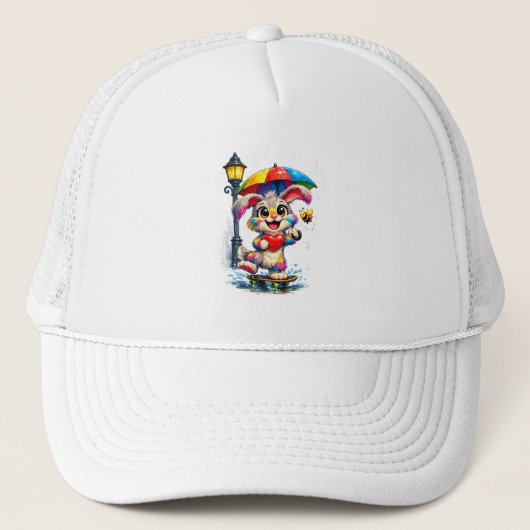 Cute Rainbow Bunny with Umbrella Design Truckerkappe (Vorderseite)