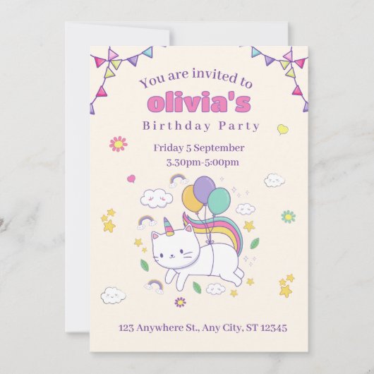 Cute Rainbow Cat Unicorn Birthday Invitation Einladung (Vorderseite)