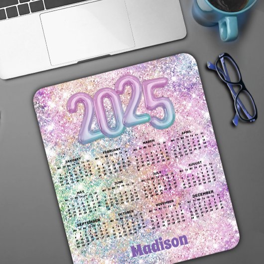 Cute rainbow faux glitter Monogram 2025 calendar Mousepad