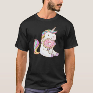 Cute Rainbow Unicorn Eating Donut For Girls Kids T-Shirt