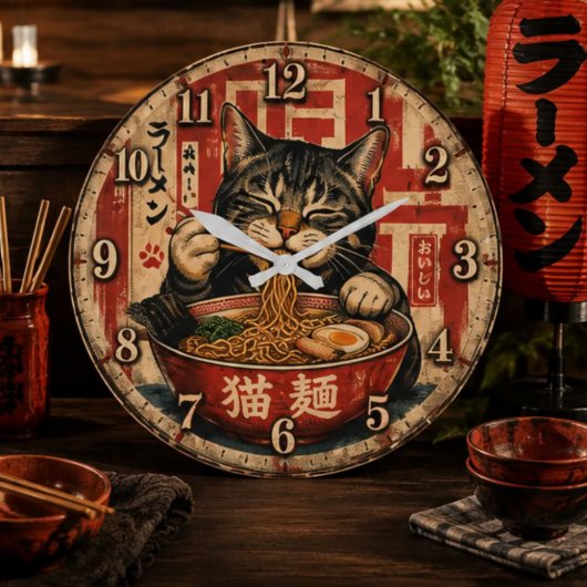 Cute Ramen Cat Große Wanduhr