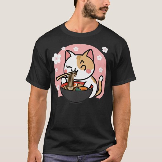 Cute Ramen Cat Kawaii Anime Sakura Pink T-Shirt (Vorderseite)