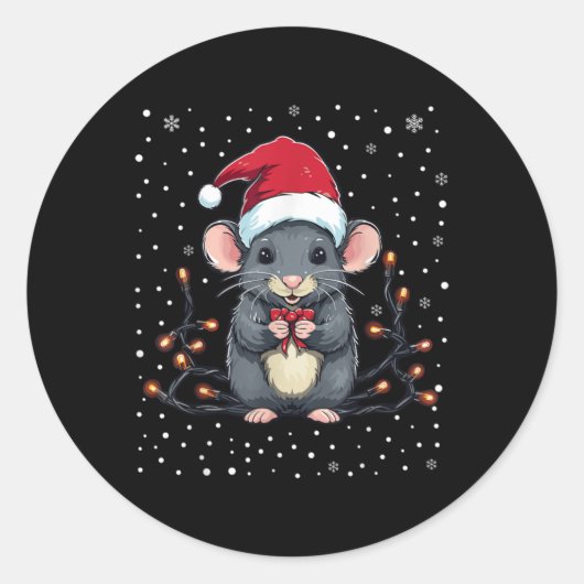 Cute Rat Christmas Lights Mouse Santa Hat Xmas Paj Runder Aufkleber (Vorderseite)