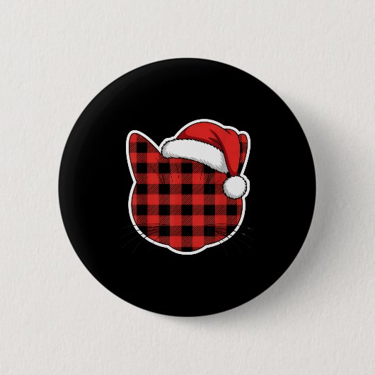 Cute Red And Black Buffalo Plaid Cat Christmas San Button (Vorderseite)