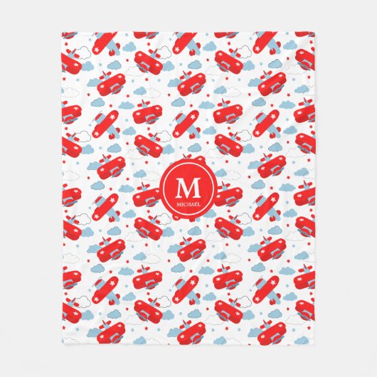 Cute Red and Blue Planes and Clouds Kids Monogram Fleecedecke (Vorderseite)