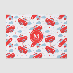 Cute Red and Blue Planes and Clouds Kids Monogram Seidenpapier