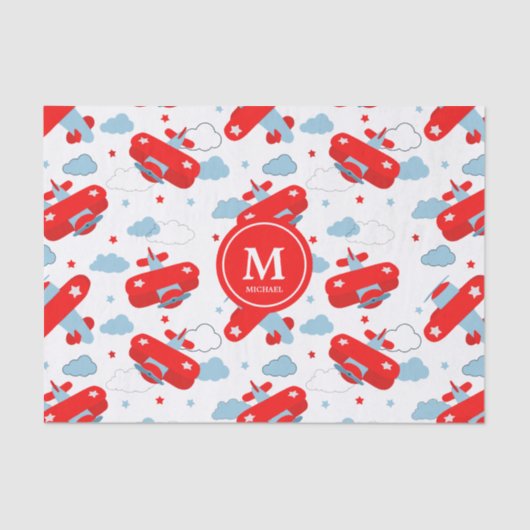 Cute Red and Blue Planes and Clouds Kids Monogram Seidenpapier (Vorderseite)