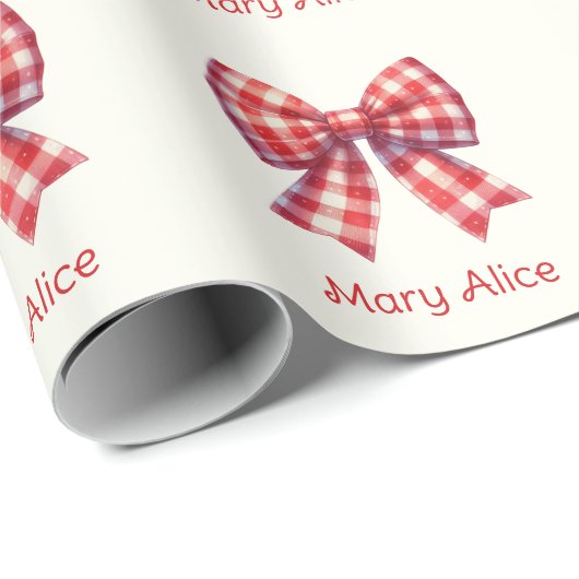 Cute Red and Cream Gingham Bow Geschenkpapier (Rolleneckpunkt)