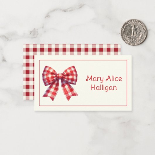 Cute Red and Cream Gingham Bow Mitteilungskarte (Vorderseite/Rückseite Beispiel)