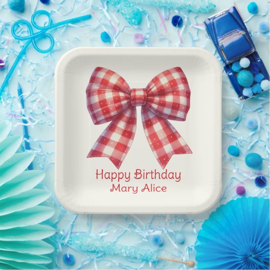Cute Red and Cream Gingham Bow Pappteller (Party)