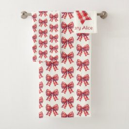 Cute Red and Cream Gingham Bows Badhandtuch Set