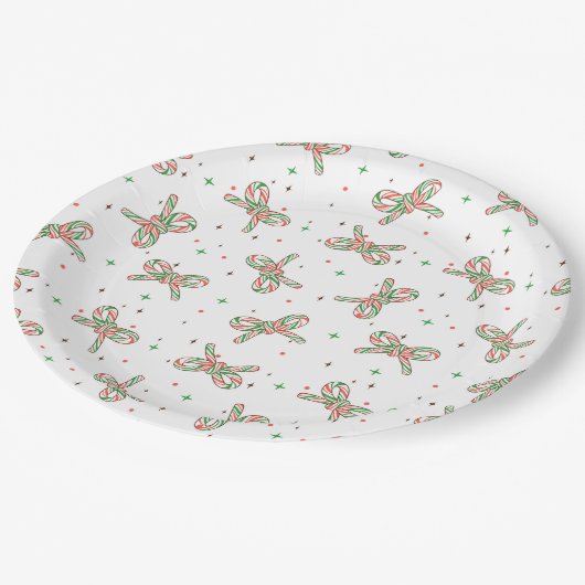 Cute Red and Green Candy Cane Bow Holiday Pappteller (Schrägansicht)