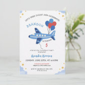 Cute Red & Blue Airplane Balloon 5th Birthday Einladung (Stehend Vorderseite)