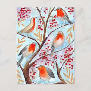 Cute red & blue Robin birds in tree with berries Feiertagspostkarte
