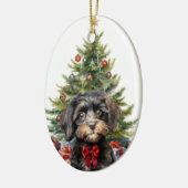 Cute Red Bow Black Tan Cavapoo Dog Christmas Keramik Ornament (Links)
