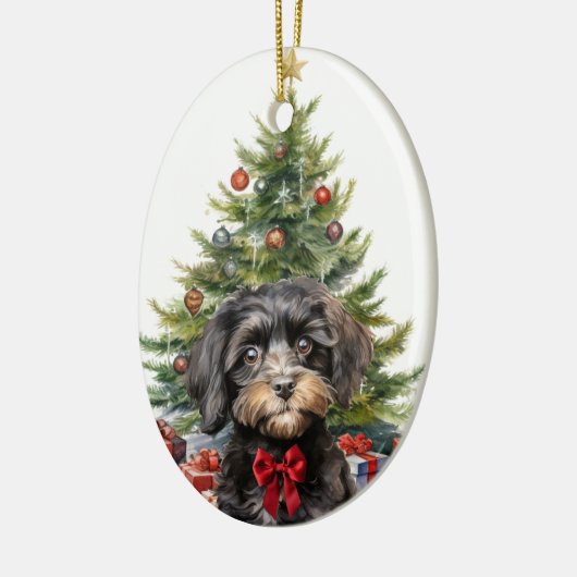 Cute Red Bow Black Tan Cavapoo Dog Christmas Keramik Ornament (Links)