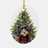 Cute Red Bow Black Tan Cavapoo Dog Christmas Keramik Ornament (Vorne)