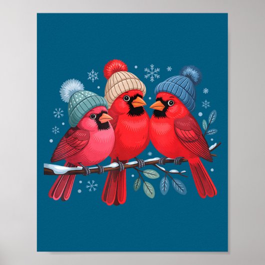Cute Red Cardinals With Knitted Hats Winter Bird A Poster (Vorne)