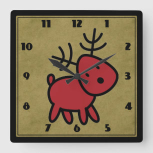 Cute Red Christmas Reindeer Illustration Quadratische Wanduhr
