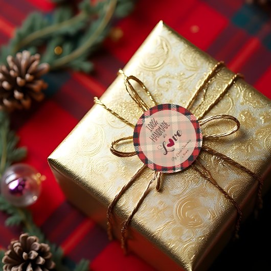 Cute Red Classic Tartan Handmade with Love Quote Runder Aufkleber