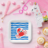 Cute Red Crab & Blue Waves Coastal Pappteller (Party)